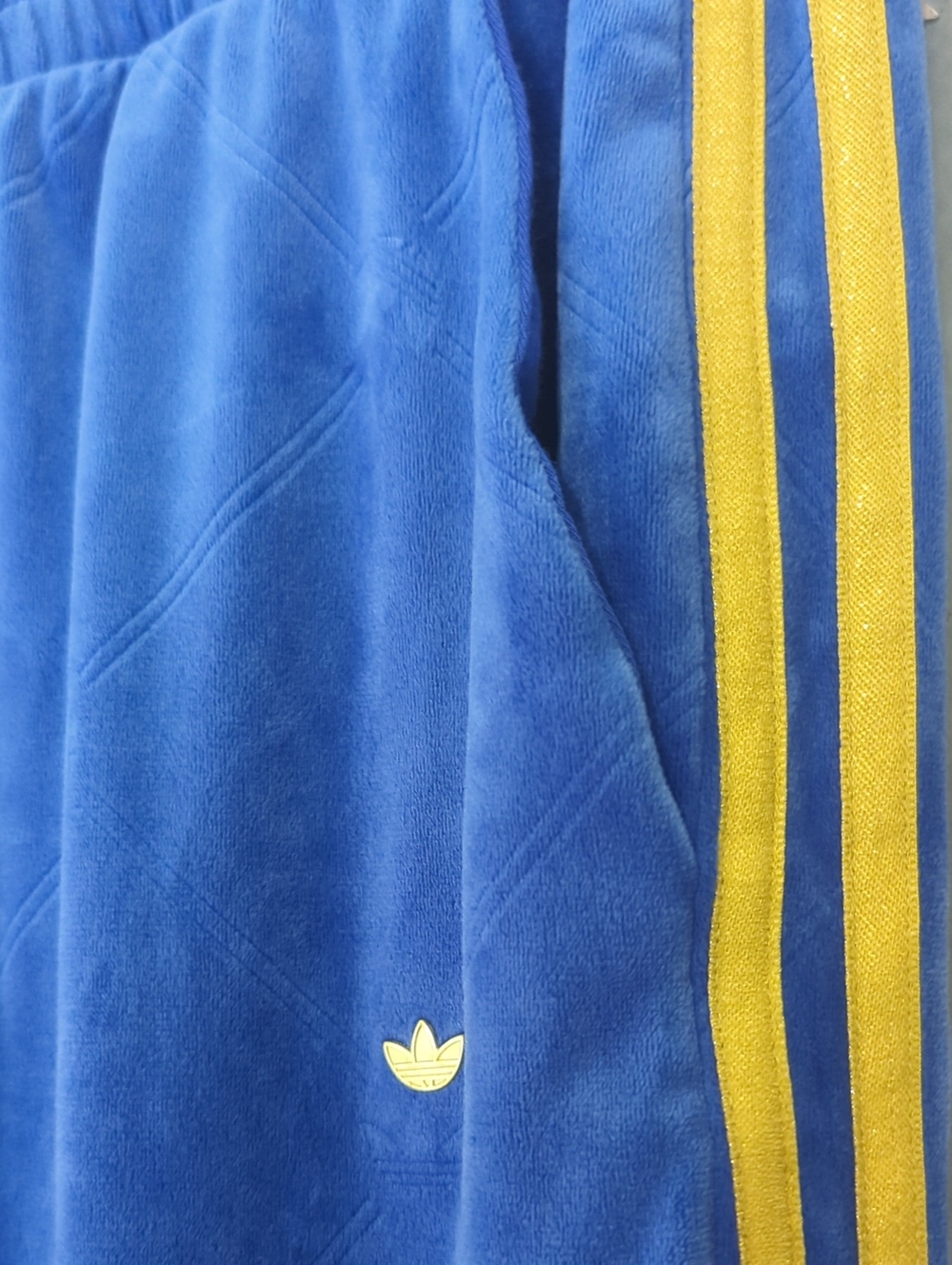 ADIDAS Primegreen Embossed Velvet Track Pants Three Stripe Blue and Gold Small S - Picture 5 of 10